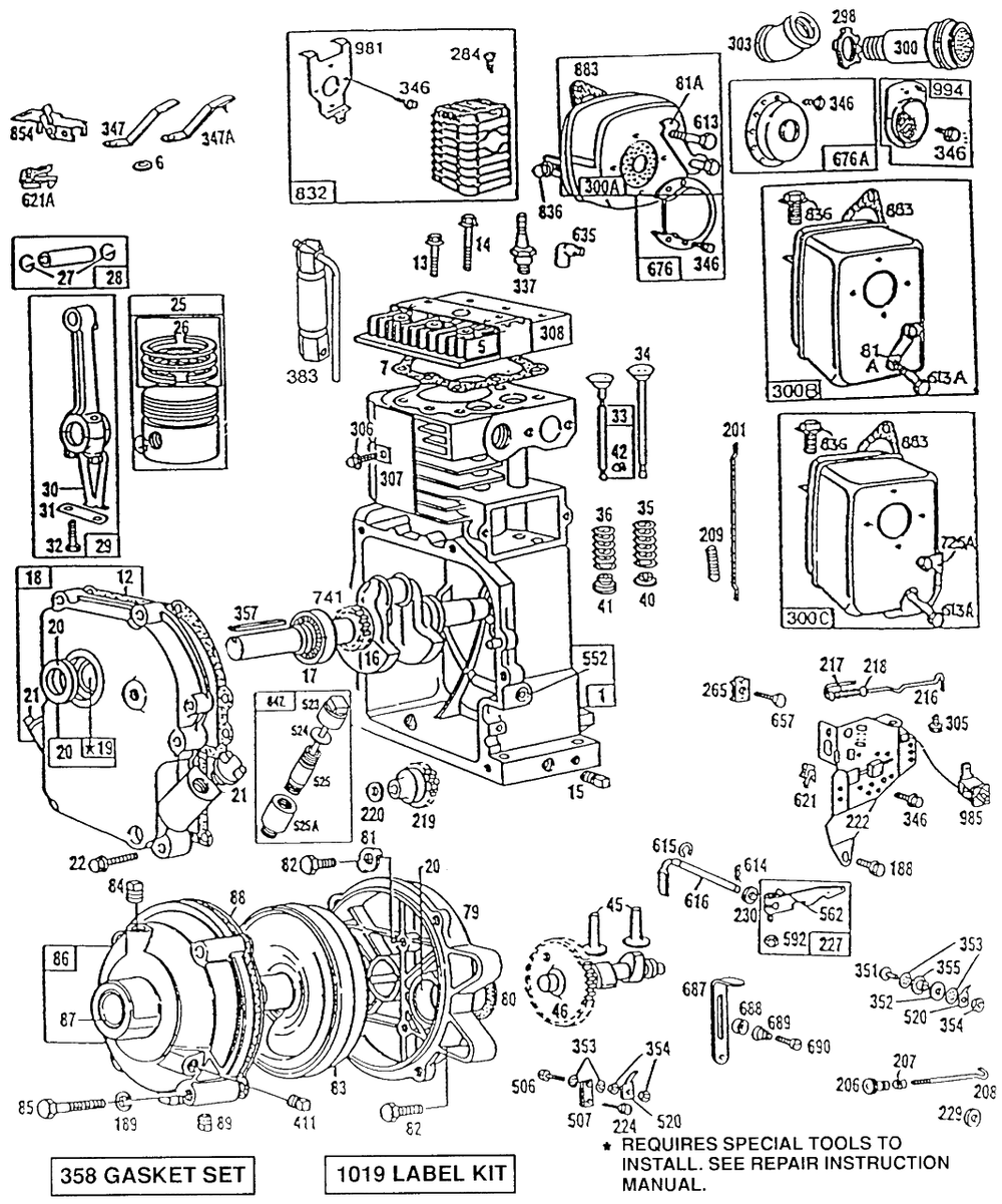 Cylinder,gearcase,mufflers Diagram and Parts List for 170432-2303-XX  Briggs and Stratton Engine